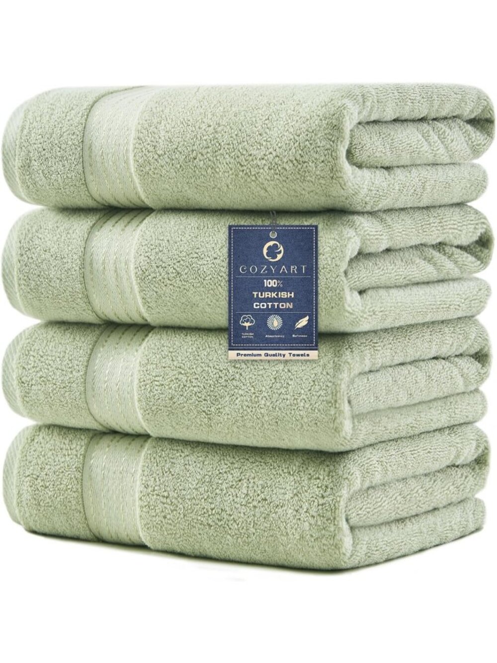 Luxury Sage Green Bath Towels Set of 4, Soft 650 GSM Turkish Cotton, 27x54